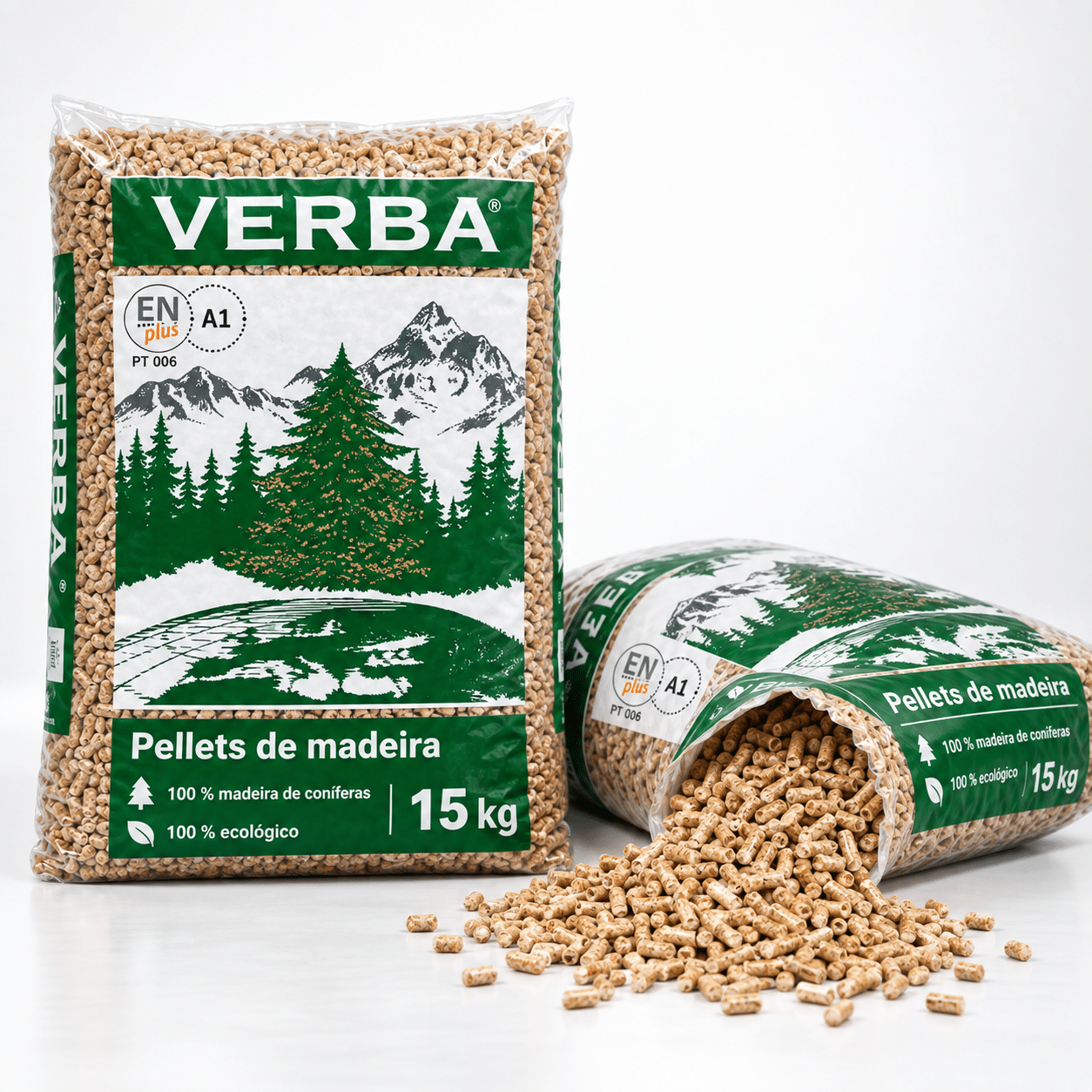 Verba pellets de madeira – 70 sacos de 15 kg – palete 1.050 kg – 100 % madeira de coníferas – ENplus A1