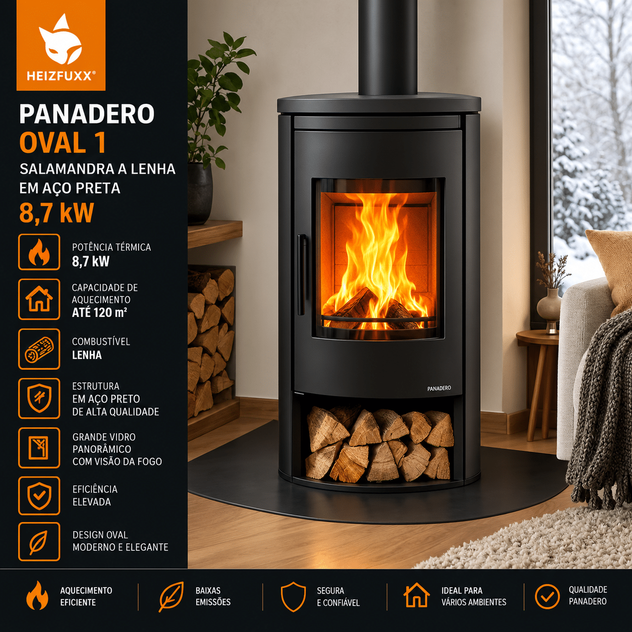 Panadero Oval 1 salamandra a lenha em aço preta 8,7 kW
