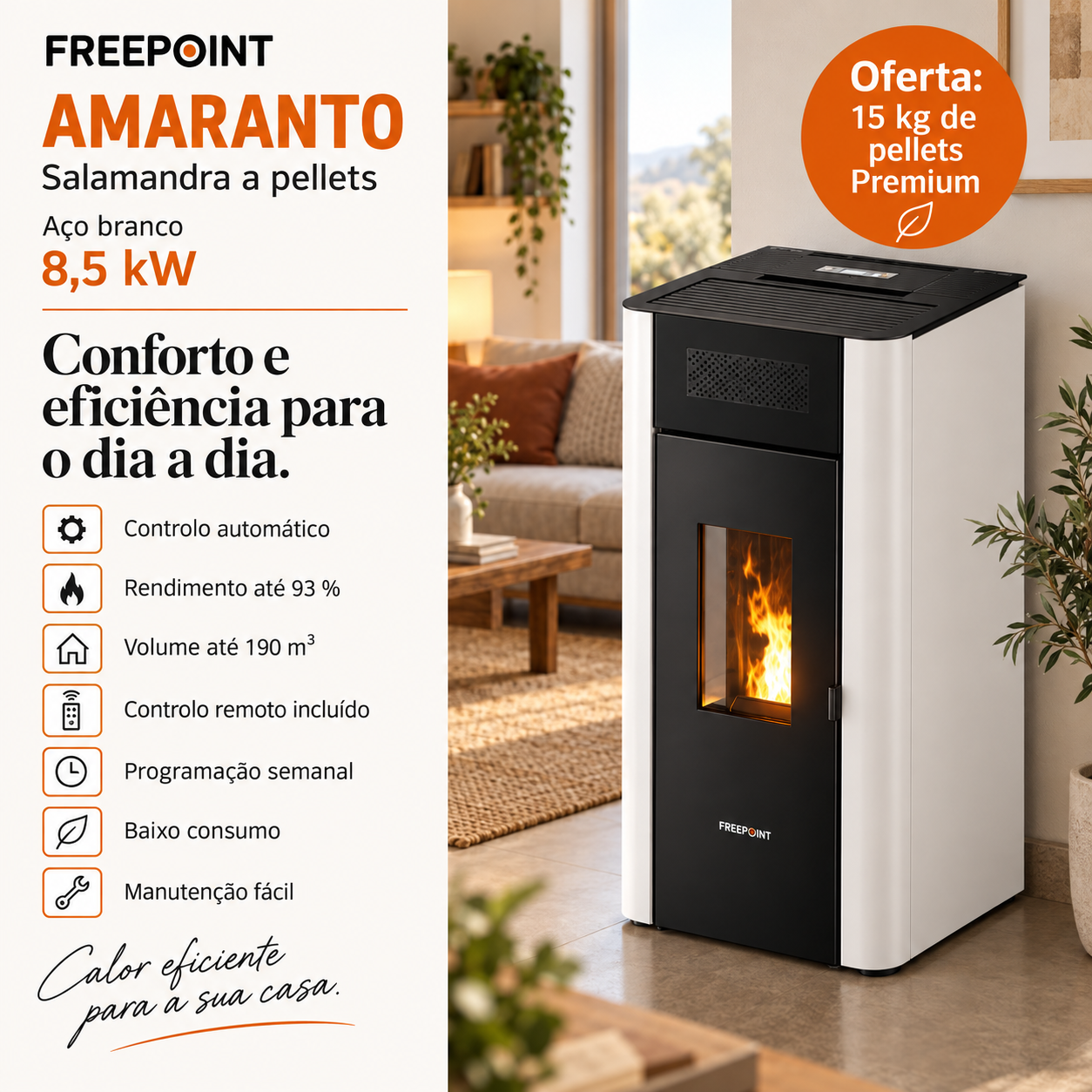 Freepoint Amaranto salamandra a pellets em aço branca 8,5 kW