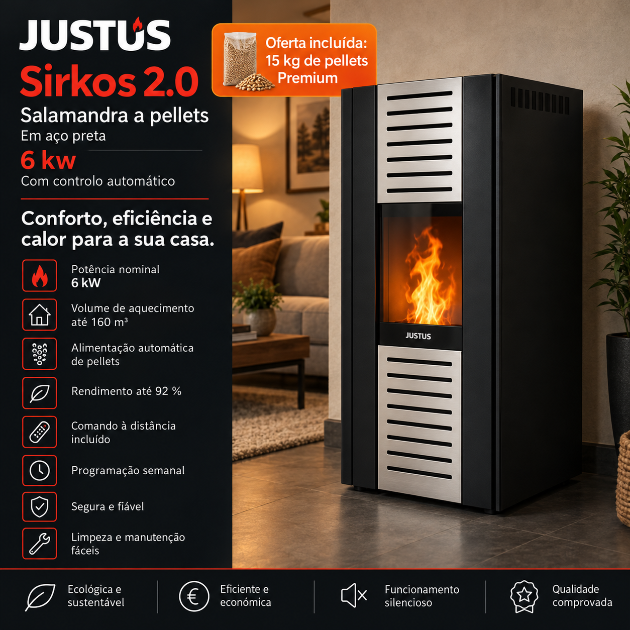 Justus Sirkos 2.0 salamandra a pellets em aço preta 6 kW com controlo automático