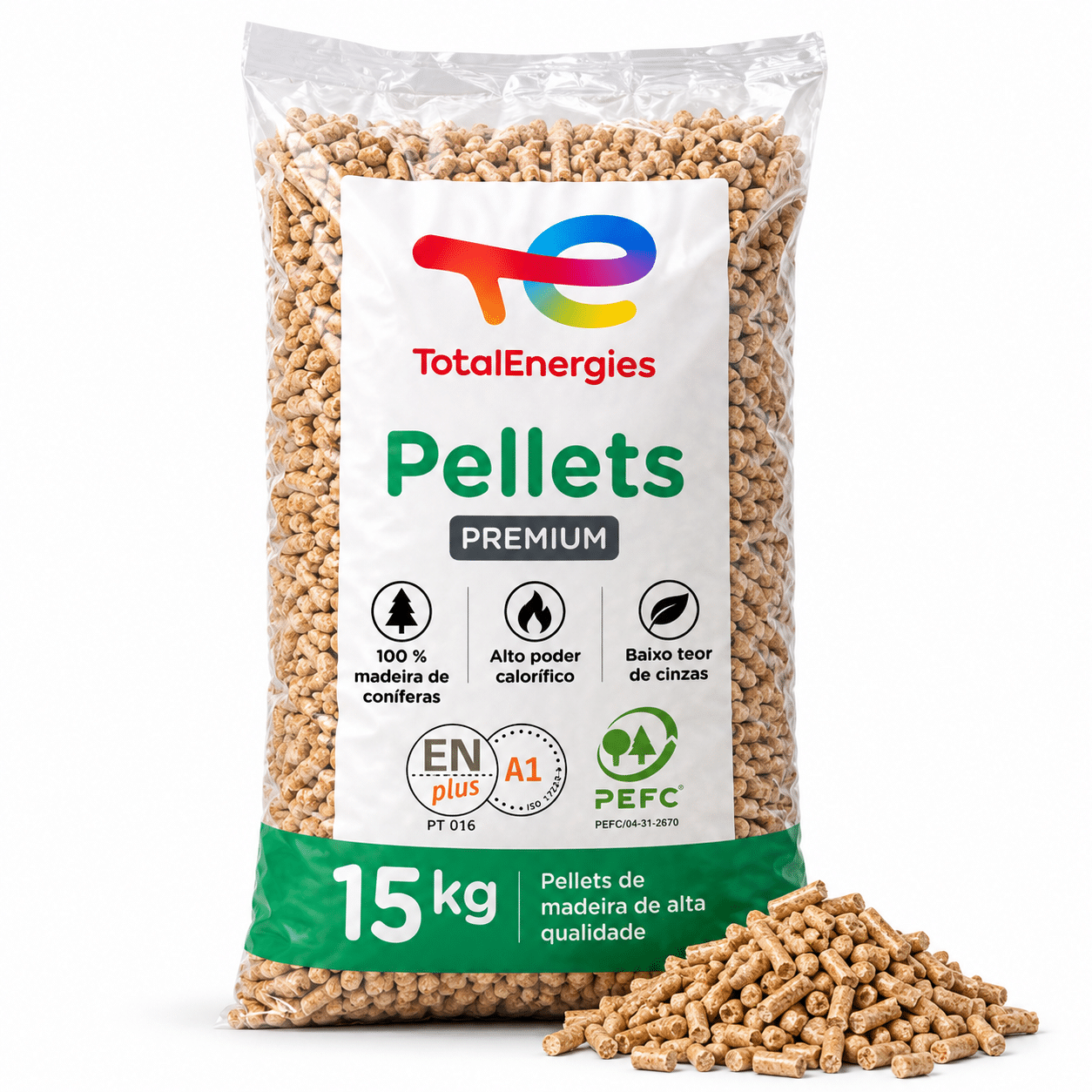 TotalEnergies pellets de madeira – saco de 15 kg – 100 % madeira de coníferas – ENplus A1