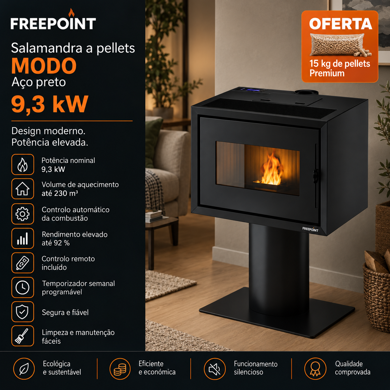 Freepoint Modo salamandra a pellets em aço preta 9,3 kW