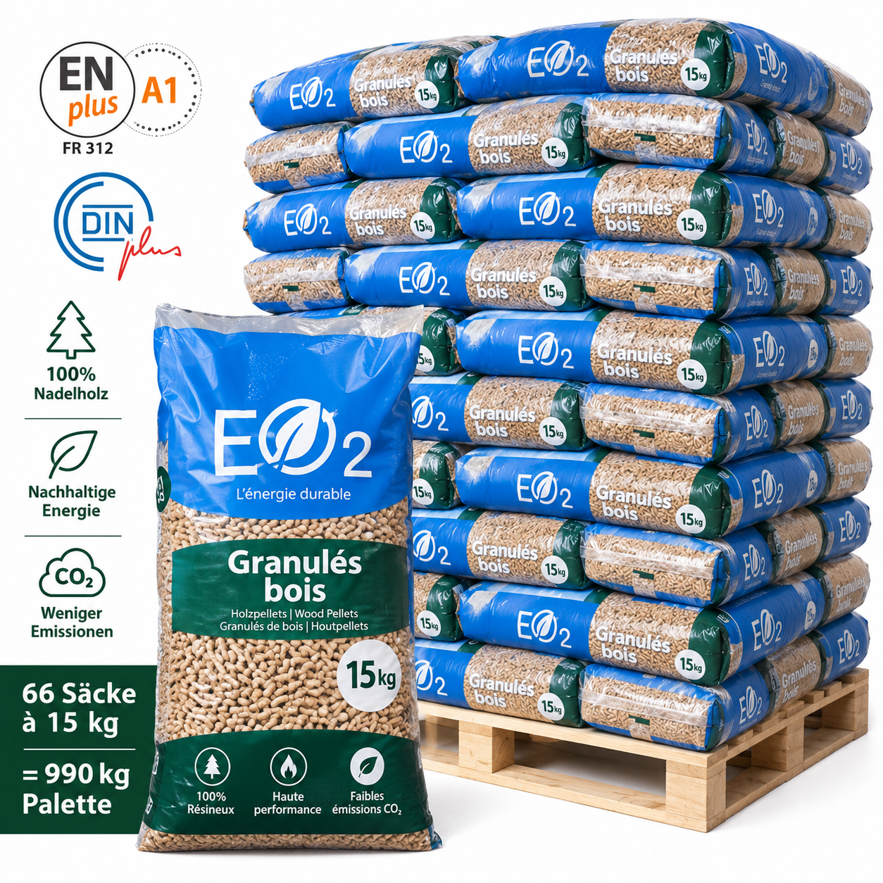 Butagaz pellets de madeira – 66 sacos de 15 kg – palete 990 kg