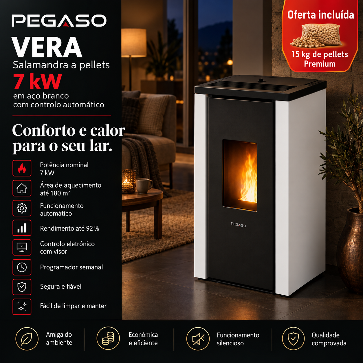 PEGASO Salamandra a pellets Vera em aço branco 7 kW com controlo automático