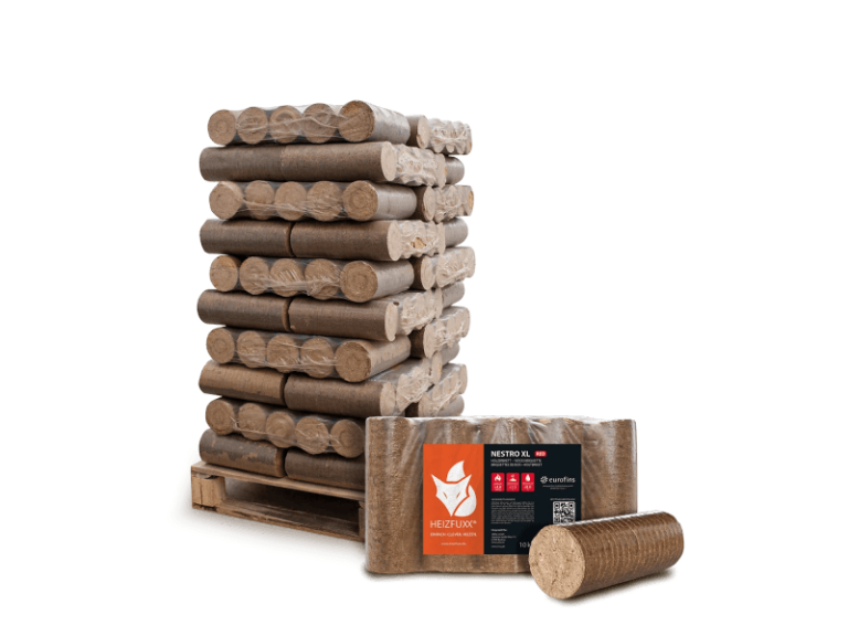 Heizfuxx Nestro XL Red briquetes de madeira dura 10 kg × 30 embalagens – palete 300 kg