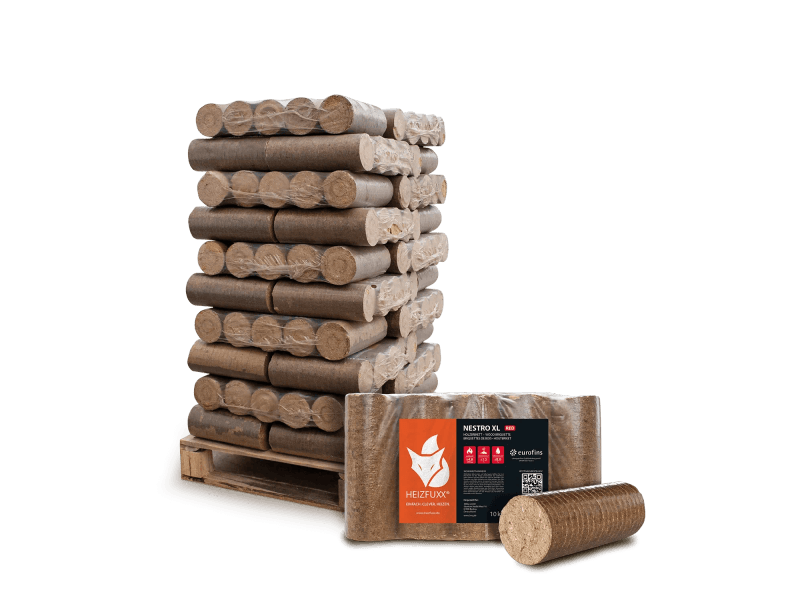 Heizfuxx Nestro XL Red briquetes de madeira dura 10 kg × 30 embalagens – palete 300 kg