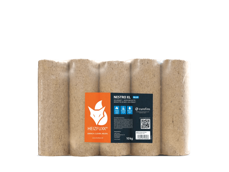 Heizfuxx Nestro XL Blue briquetes de madeira de coníferas 10 kg × 96 embalagens – palete 960 kg