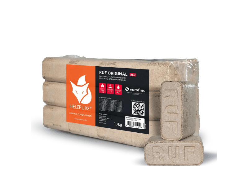 Heizfuxx RUF Original Red briquetes de madeira dura – 30 embalagens de 10 kg – palete 300 kg