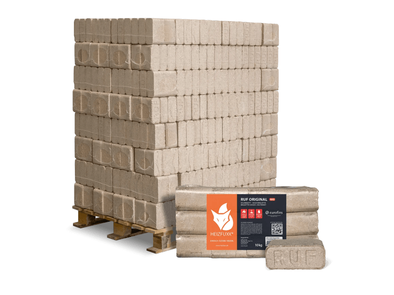 Heizfuxx RUF Original Red briquetes de madeira dura 10 kg × 96 embalagens – palete 960 kg