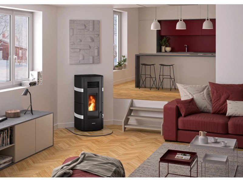 Justus Sia salamandra a pellets em aço preto-branco 8 kW com controlo automático