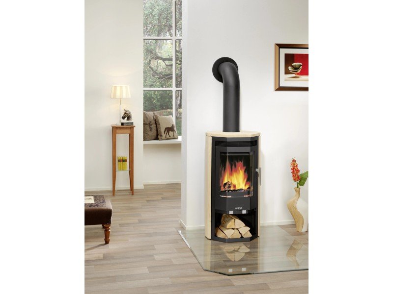 Justus Usedom 5 salamandra a lenha preta 5 kW com revestimento em arenito