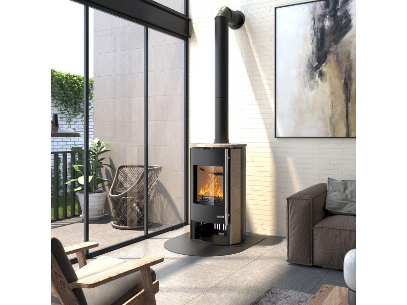 Accente salamandra a lenha com revestimento em arenito 7 kW