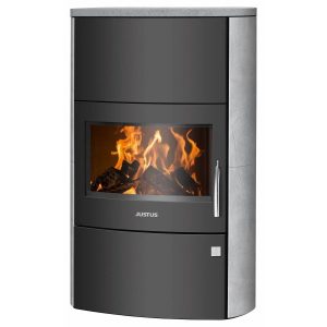 Justus Agero W+ salamandra a lenha preta com pedra-sabão cinzenta 7 kW