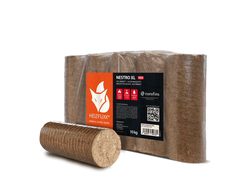 Heizfuxx Nestro XL Red briquetes de madeira dura 10 kg × 30 embalagens – palete 300 kg