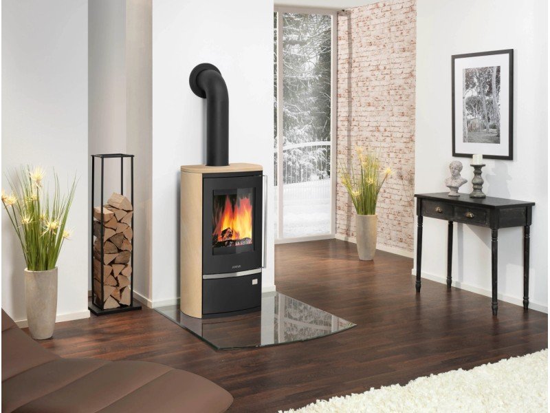Justus Rento R II salamandra a lenha preta com arenito 6 kW com controlo automático