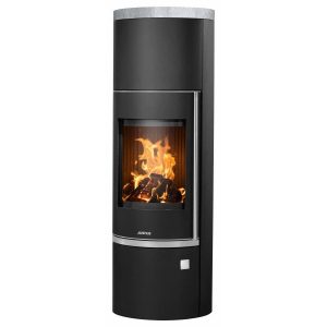 Justus Faro W+ 2.0 salamandra a lenha em aço preta com pedra-sabão cinzenta 7 kW