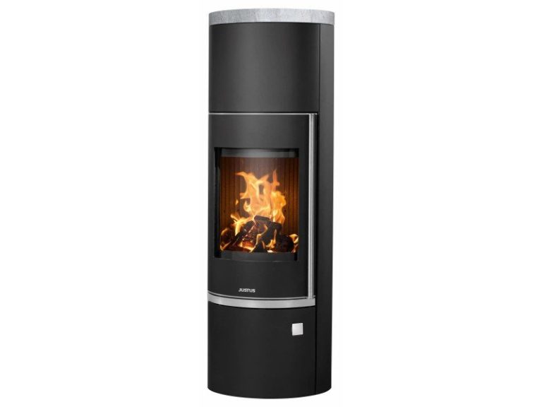 Justus Faro W+ 2.0 salamandra a lenha em aço preta com pedra-sabão cinzenta 7 kW