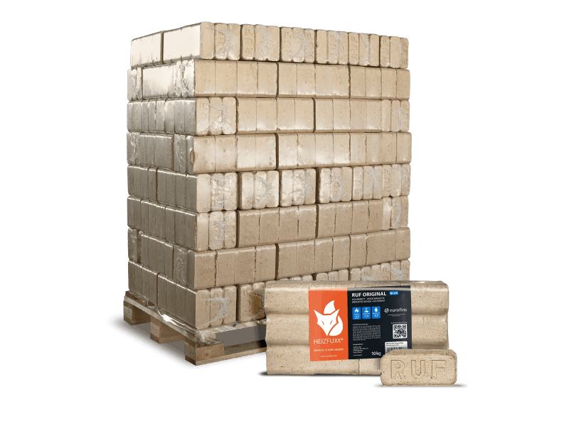 Heizfuxx RUF Original Blue briquetes de madeira de coníferas – 96 embalagens de 10 kg – palete 960 kg