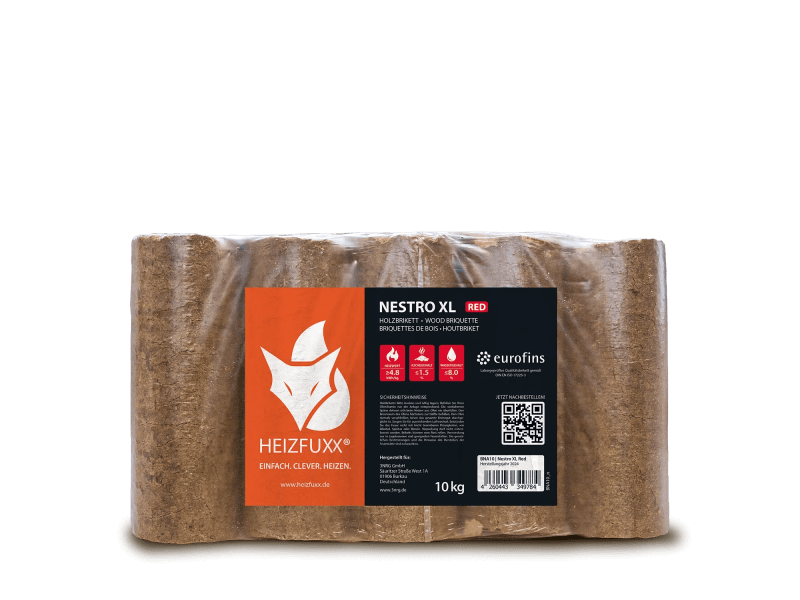 Heizfuxx Nestro XL Red briquetes de madeira dura 10 kg × 30 embalagens – palete 300 kg