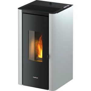 Freepoint Indi salamandra a pellets em aço branca 7 kW com controlo automático