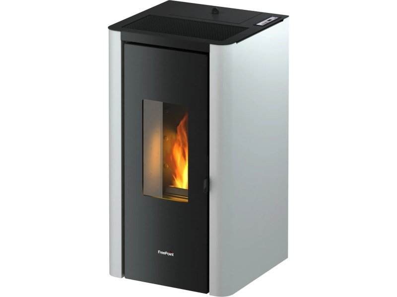 Freepoint Indi salamandra a pellets em aço branca 7 kW com controlo automático