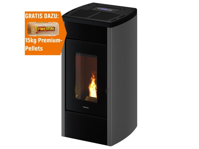 Freepoint Duke salamandra a pellets em aço prateada 14 kW com controlo automático