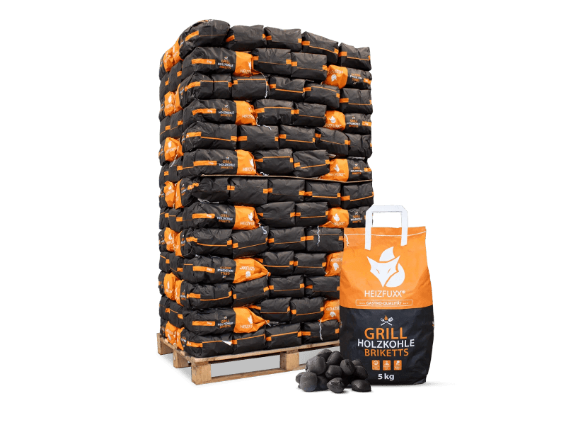 Heizfuxx briquetes de carvão vegetal – 130 sacos de 5 kg – palete 650 kg