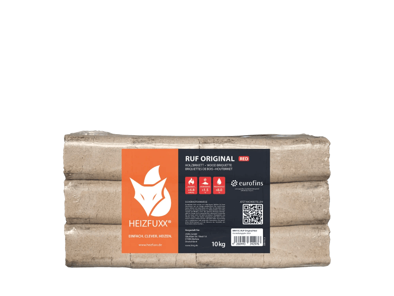 Heizfuxx RUF Original Red briquetes de madeira dura – 30 embalagens de 10 kg – palete 300 kg